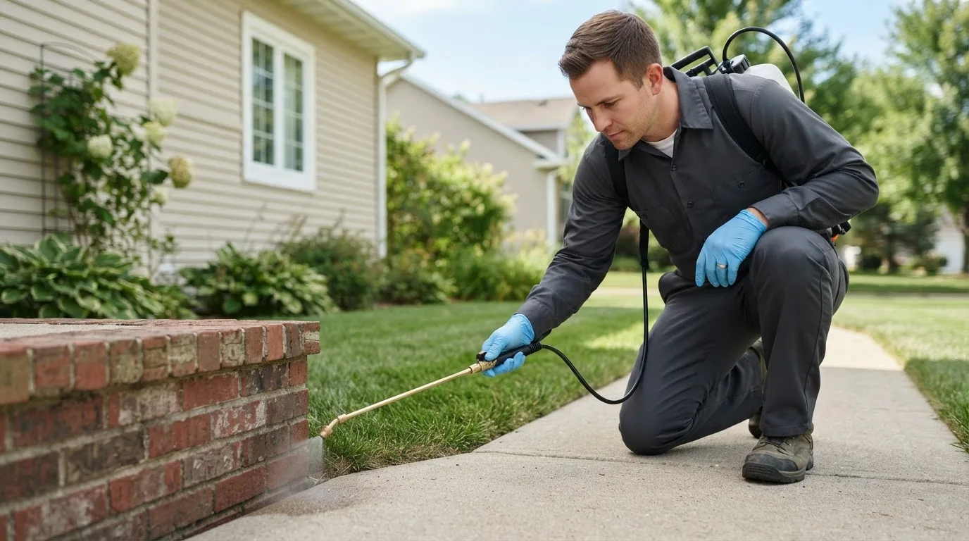 Pest control technician treating a home near Manter, KS
